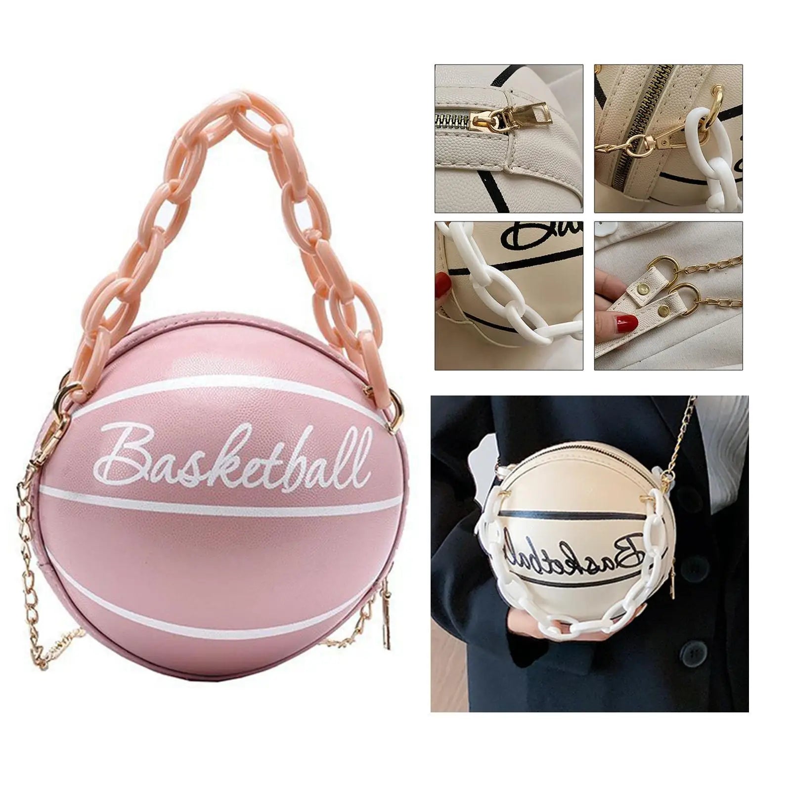 Basketball Shaped Handbag Leather Chain Round Tote Graphic