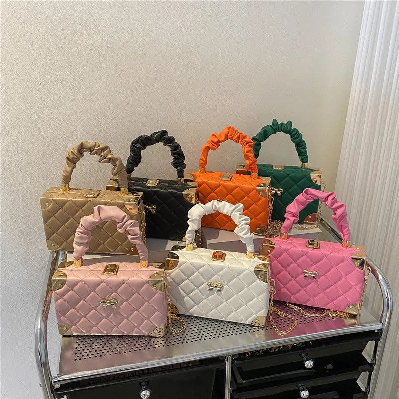 Plaid Crossbody Bag Ruffled Top Handle Chain Shoulder Party Purse