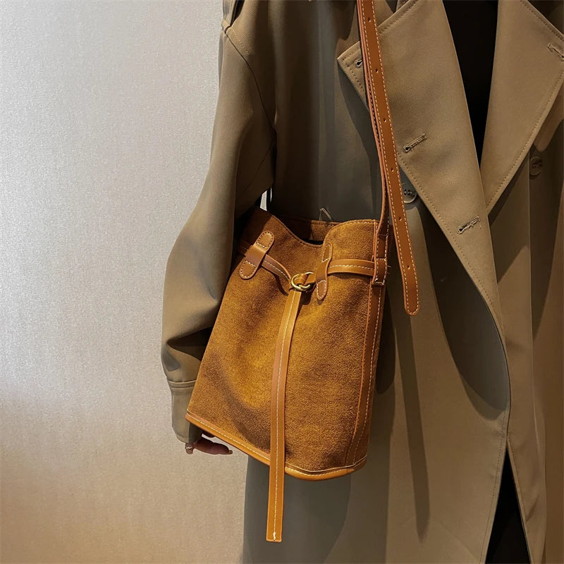 Suede Crossbody Bag Women Shoulder Bag Bucket Drawstring Handbag