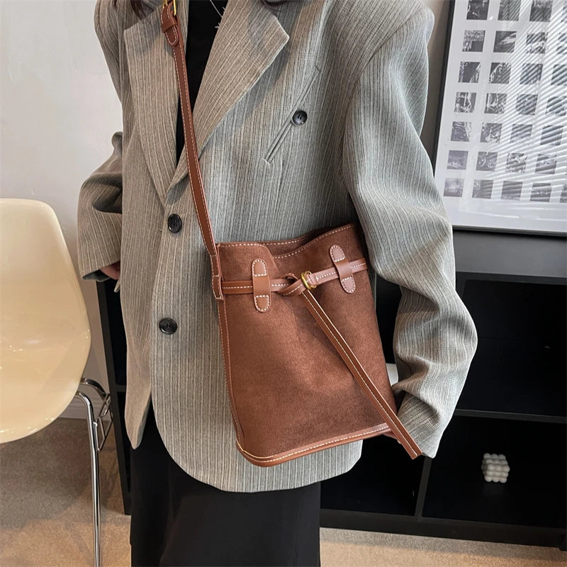 Suede Crossbody Bag Women Shoulder Bag Bucket Drawstring Handbag
