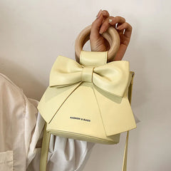 Sweet Bowtie Crossbody Bag Wooden Handle Round Shoulder Handbag