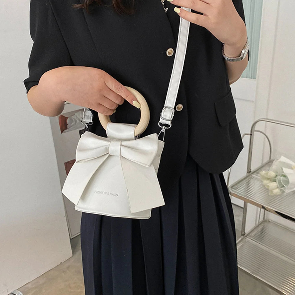 Sweet Bowtie Crossbody Bag Wooden Handle Round Shoulder Handbag