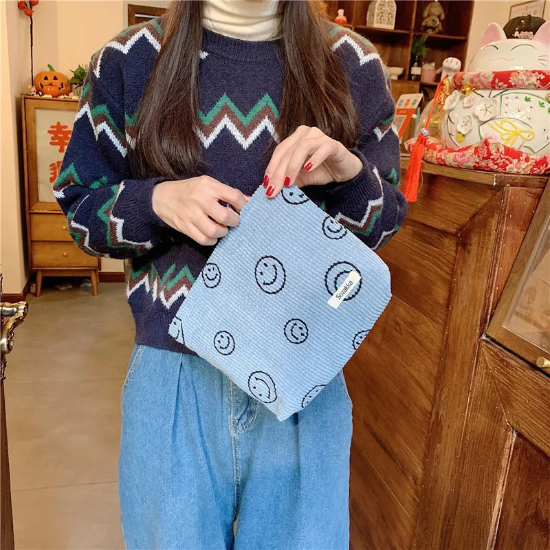 Smiley Face Corduroy Cosmetic Bag Lightweight Makeup Pouch