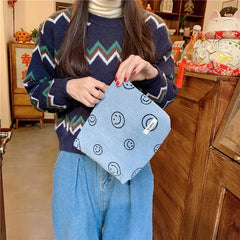 Smiley Face Corduroy Cosmetic Bag Lightweight Makeup Pouch
