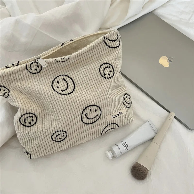 Smiley Face Corduroy Cosmetic Bag Lightweight Makeup Pouch