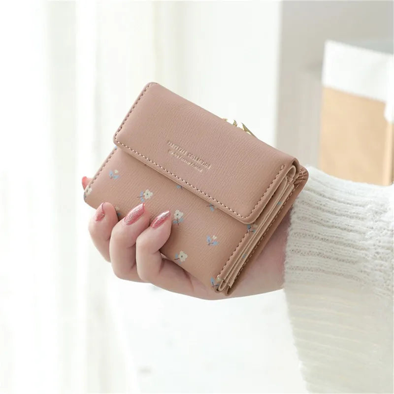 Small Fresh Mini Ladies Money Clip with Flowers Short Buckle Wallet