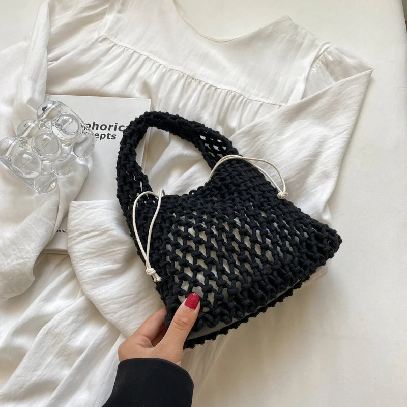 Hollow Out Weave Shoulder Bag Drawstring Tote Handbag
