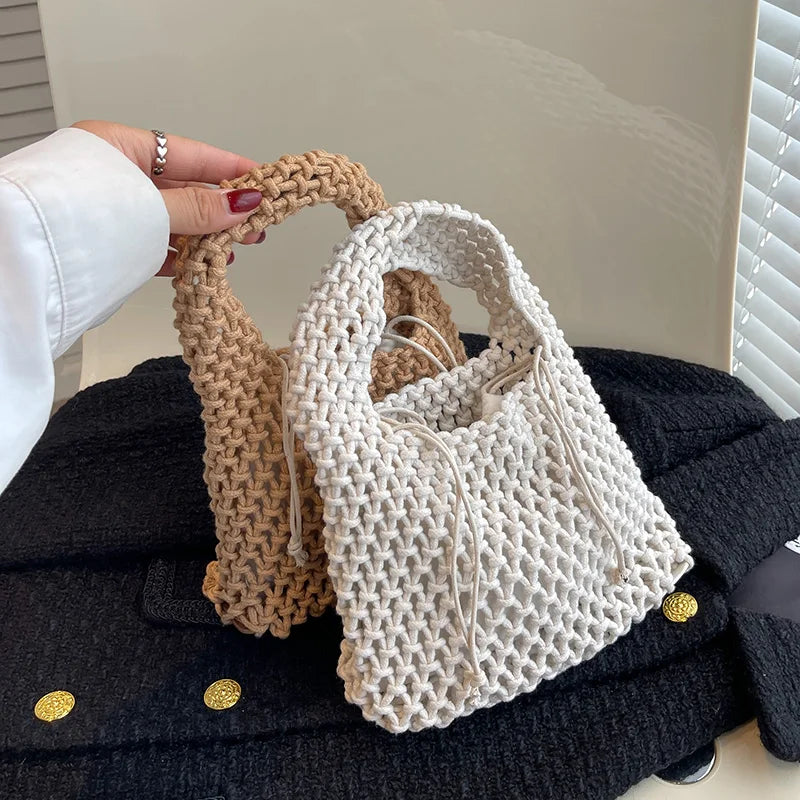 Hollow Out Weave Shoulder Bag Drawstring Tote Handbag
