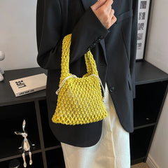 Hollow Out Weave Shoulder Bag Drawstring Tote Handbag