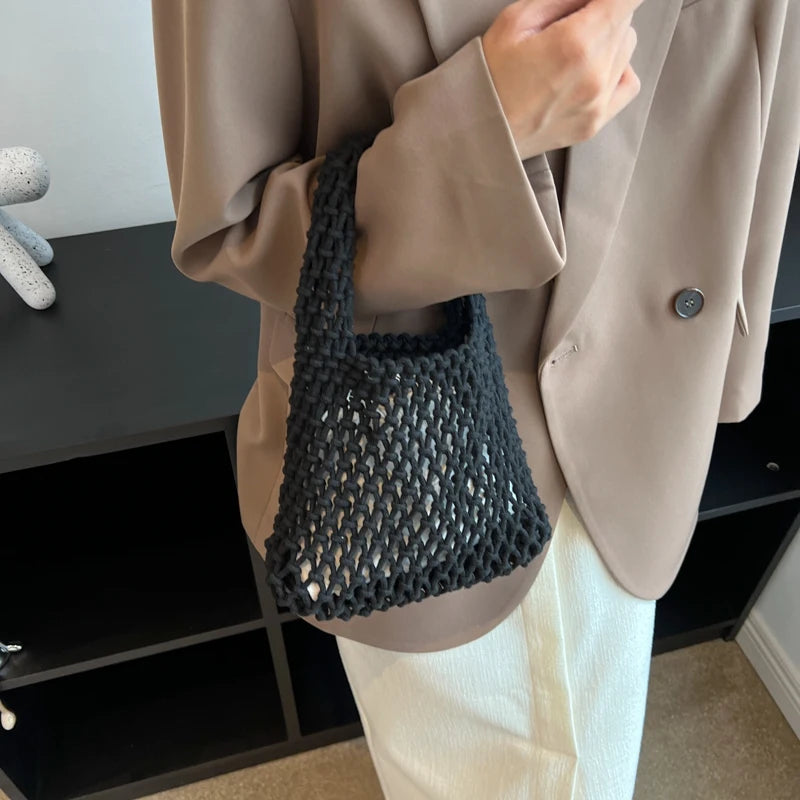 Hollow Out Weave Shoulder Bag Drawstring Tote Handbag