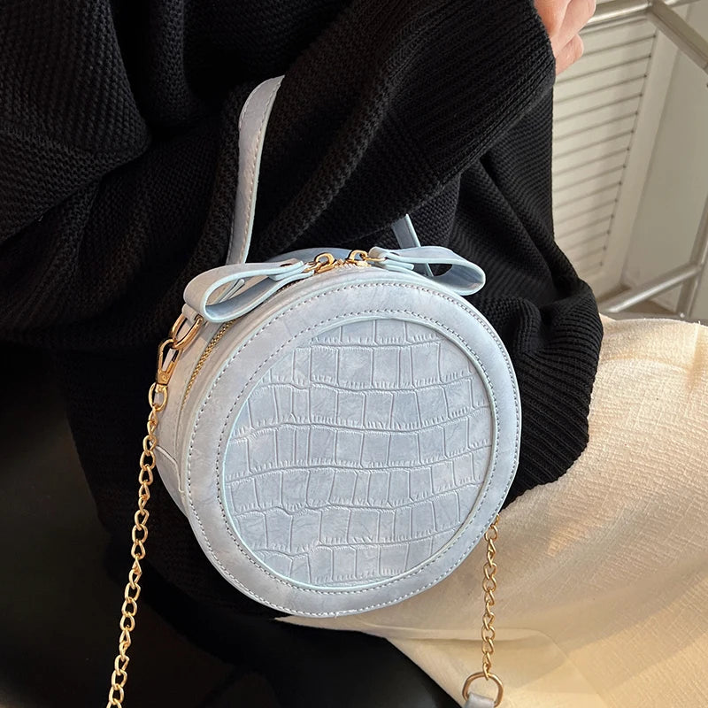 Small PU Leather Round Handbag Chain Clutch Purses