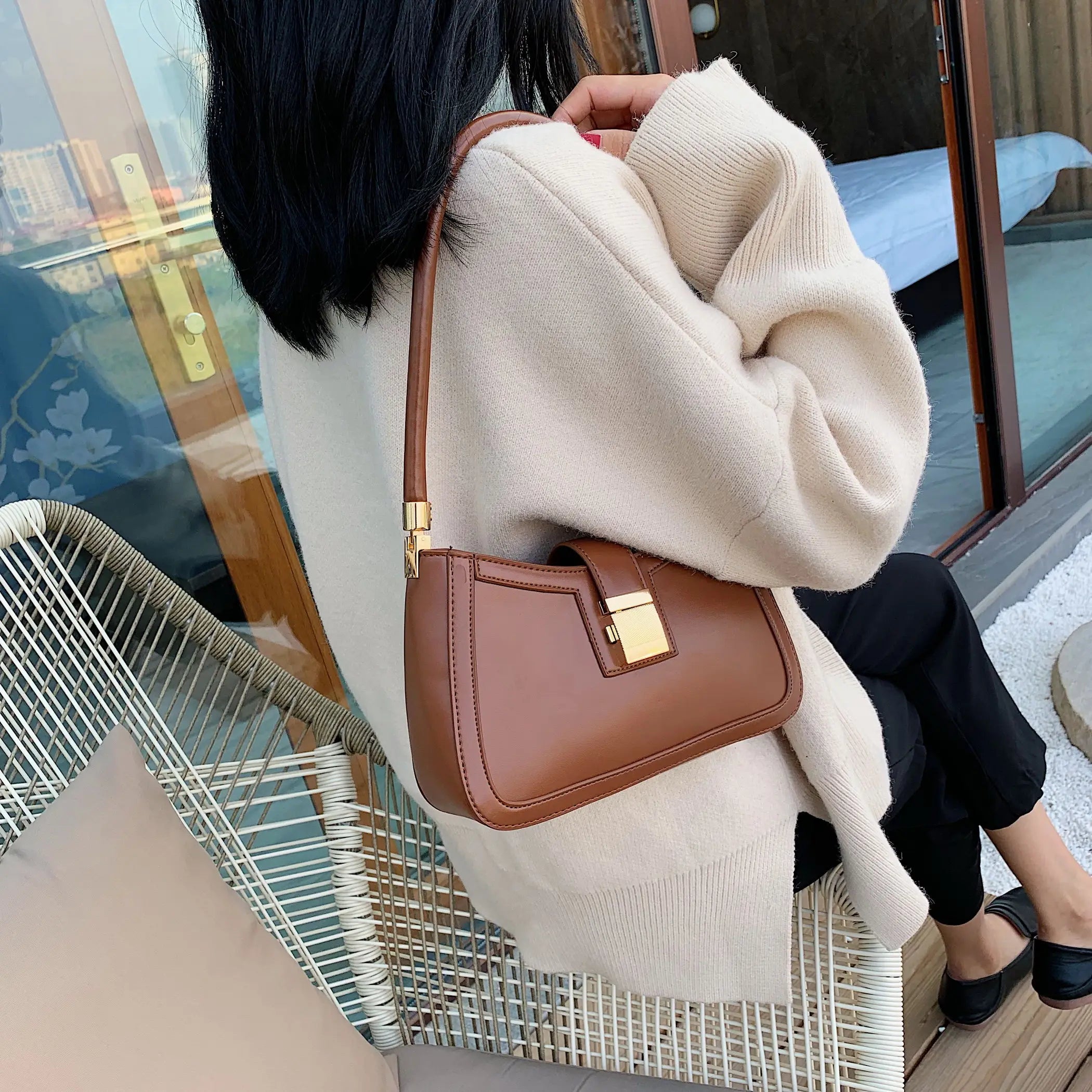 Solid PU Leather Crossbody Bag with Chain for Women