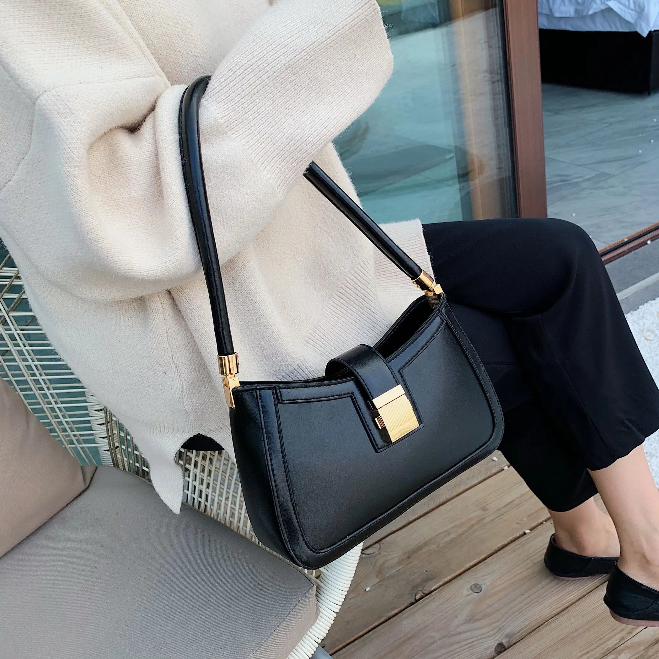 Solid PU Leather Crossbody Bag with Chain for Women