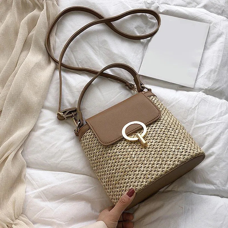 Straw Bucket Bag for Women Crossbody Rattan Beach Lady
