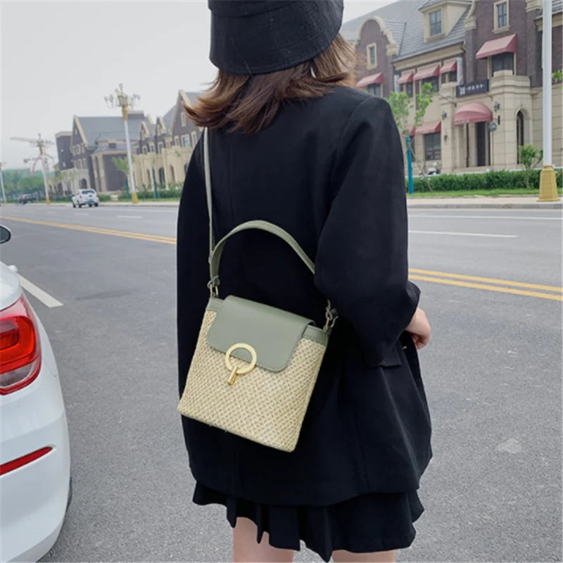 Straw Bucket Bag for Women Crossbody Rattan Beach Lady