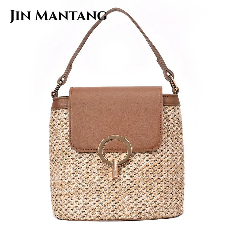 Straw Bucket Bag Women Crossbody Travel Purse Shoulder Messenger Bolsos