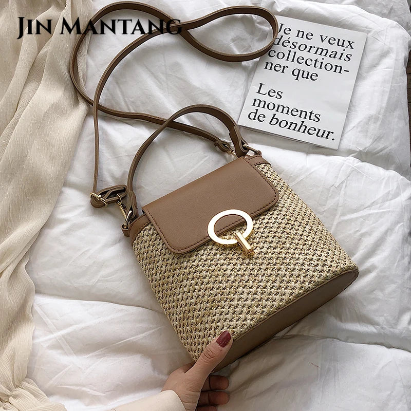 Straw Bucket Bag Women Crossbody Travel Purse Shoulder Messenger Bolsos