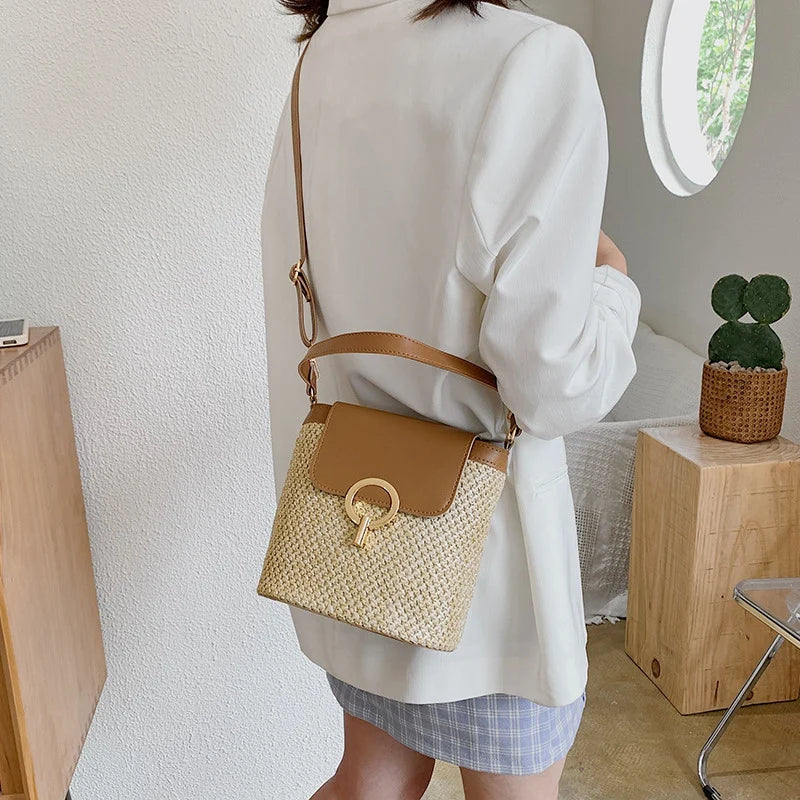 Small Straw Bucket Bags for Women Summer Crossbody Bags Lady