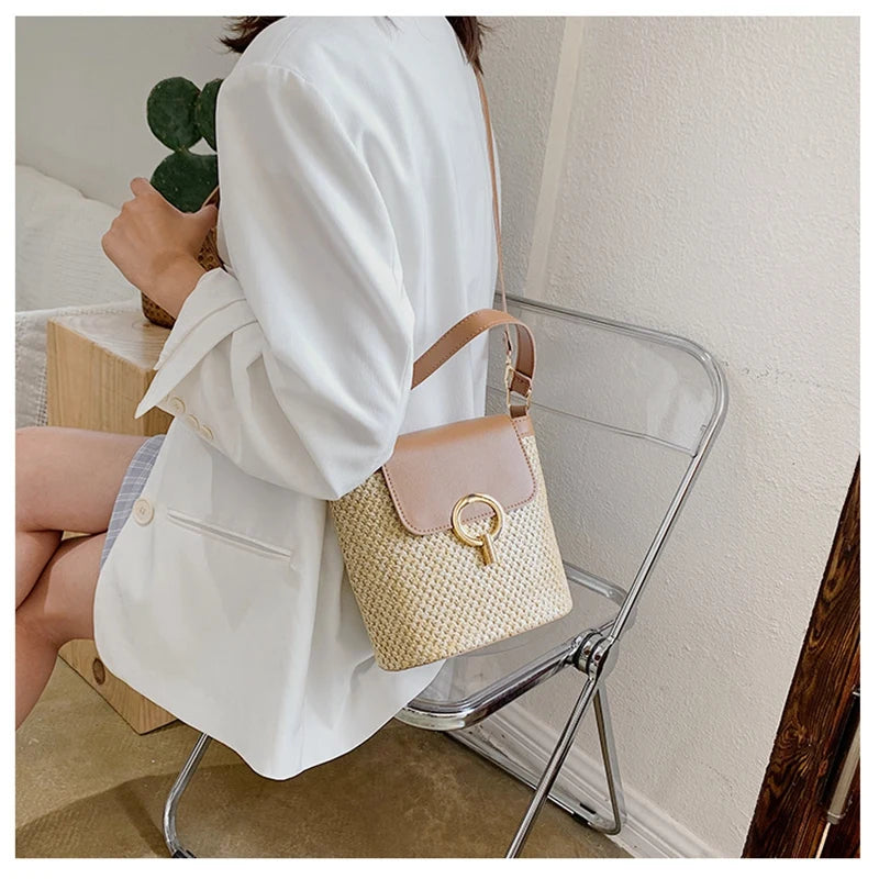 Small Straw Bucket Bags for Women Summer Crossbody Bags Lady