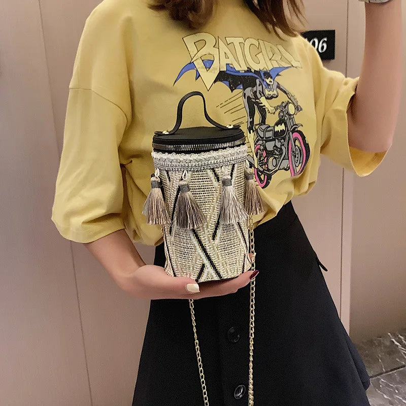 Straw Woven Bucket Bag Boho Tassel Chain Shoulder Messenger Clutch
