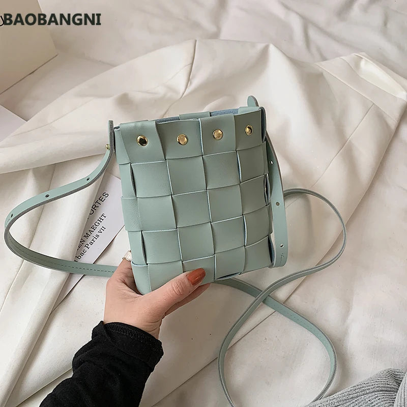 Small Weave Bucket Shoulder Bags Soft Leather Messenger Bag Rivet Crossbod
