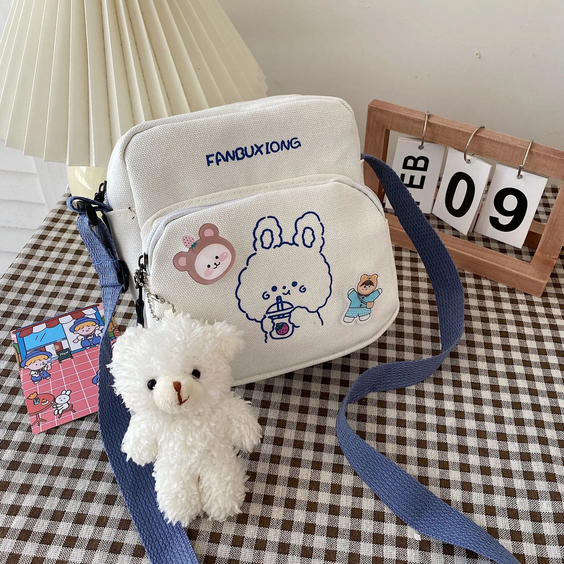 Women Canvas Shoulder Bags Cartoon Print Bear Rabbit Mini Handbags