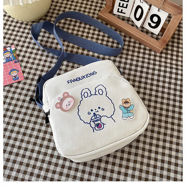 Women Canvas Shoulder Bags Cartoon Print Bear Rabbit Mini Handbags