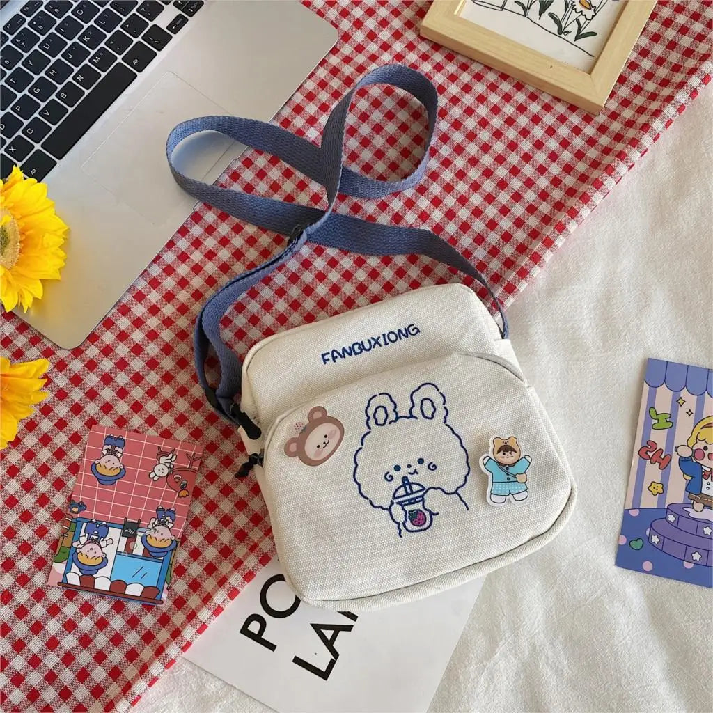 Women Canvas Shoulder Bags Cartoon Print Bear Rabbit Mini Handbags