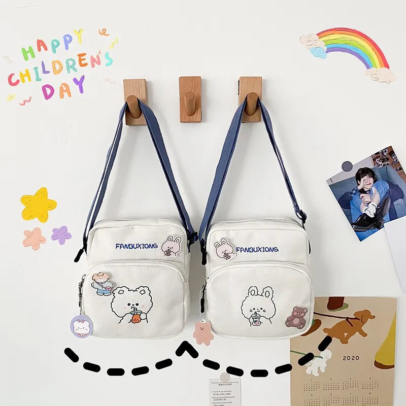 Women Canvas Shoulder Bags Cartoon Print Bear Rabbit Mini Handbags