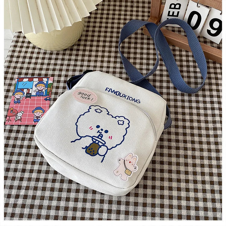 Women Canvas Shoulder Bags Cartoon Print Bear Rabbit Mini Handbags