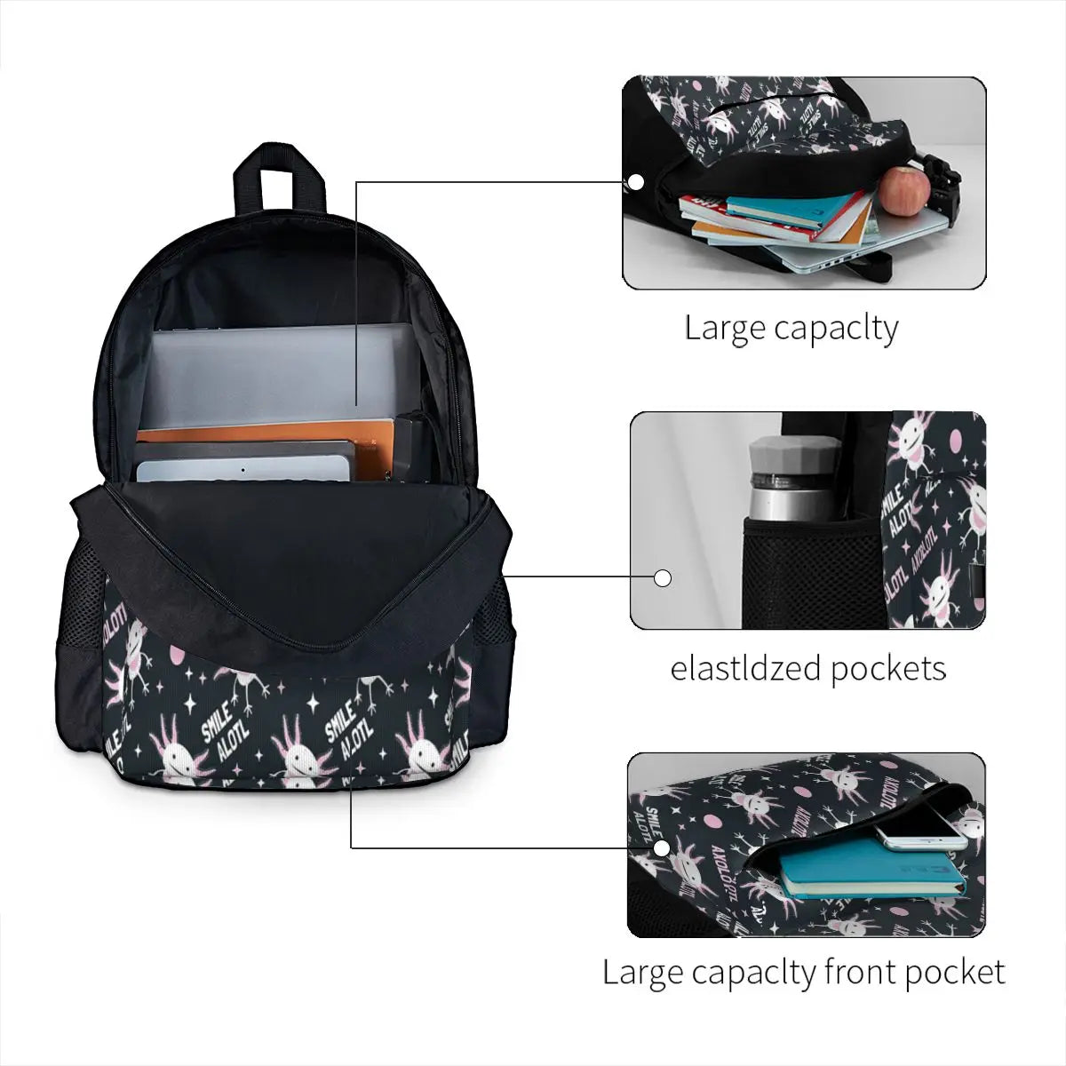 Smile Axolotl Backpacks Men's & Women's Bags Your Name B