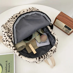 Leopard Print Women Backpack Large Capacity Soft Faux Fur School Bag for Girls