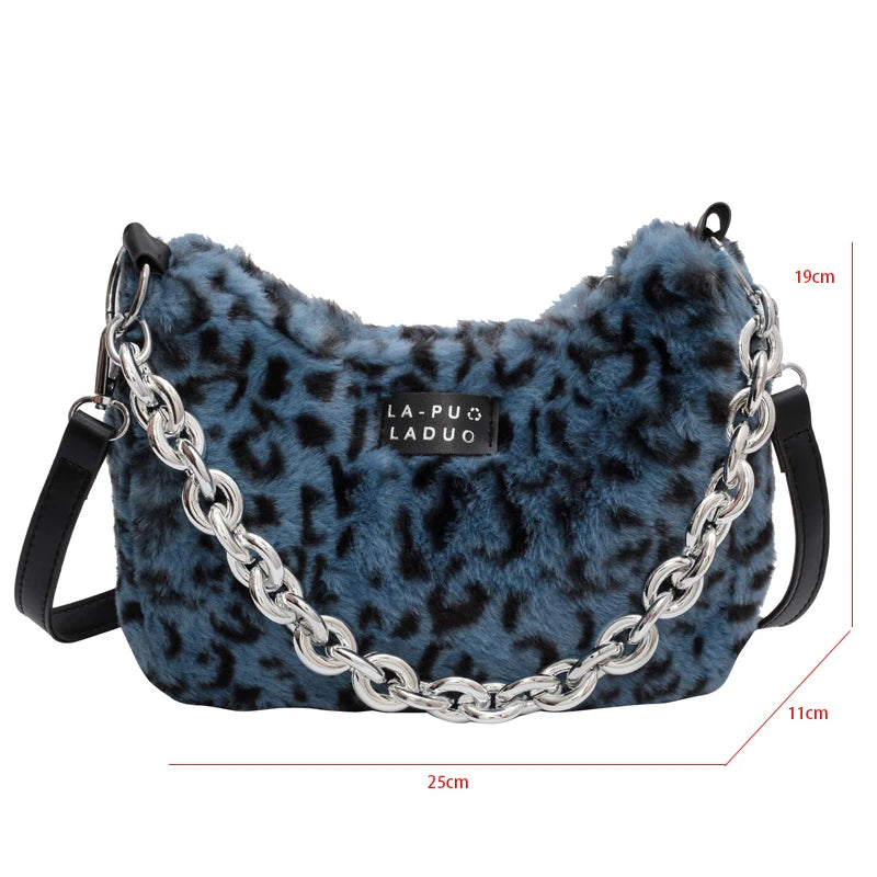 Fluffy Plush Bag Metal Chain Shoulder Handbag Animal Prints Purse