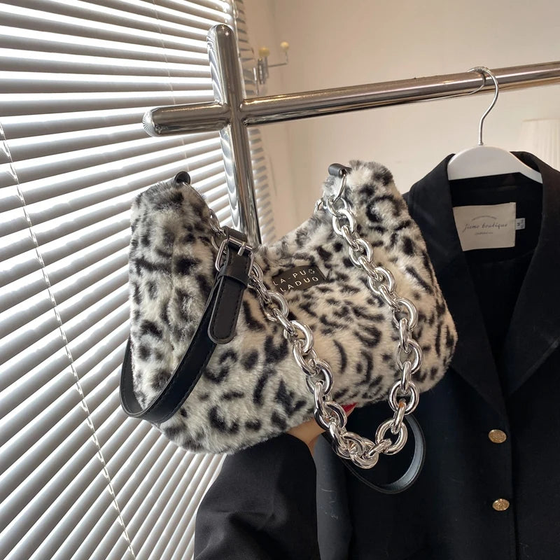 Fluffy Plush Bag Metal Chain Shoulder Handbag Animal Prints Purse
