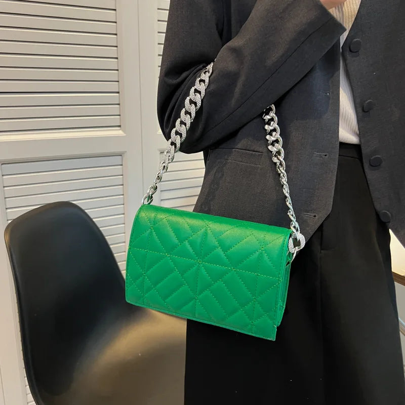 Green Quilted Shoulder Bag for Women Retro Clutch Tote