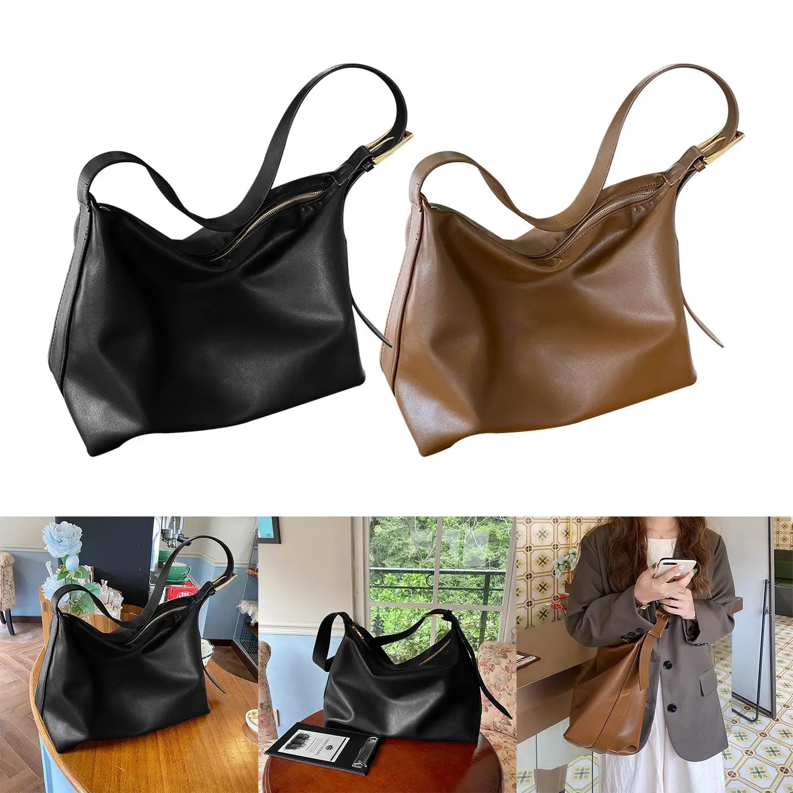 Soft Leather Hobo Purse with Pocket Bucket Bag Women Shoulder Bag Hand Bag