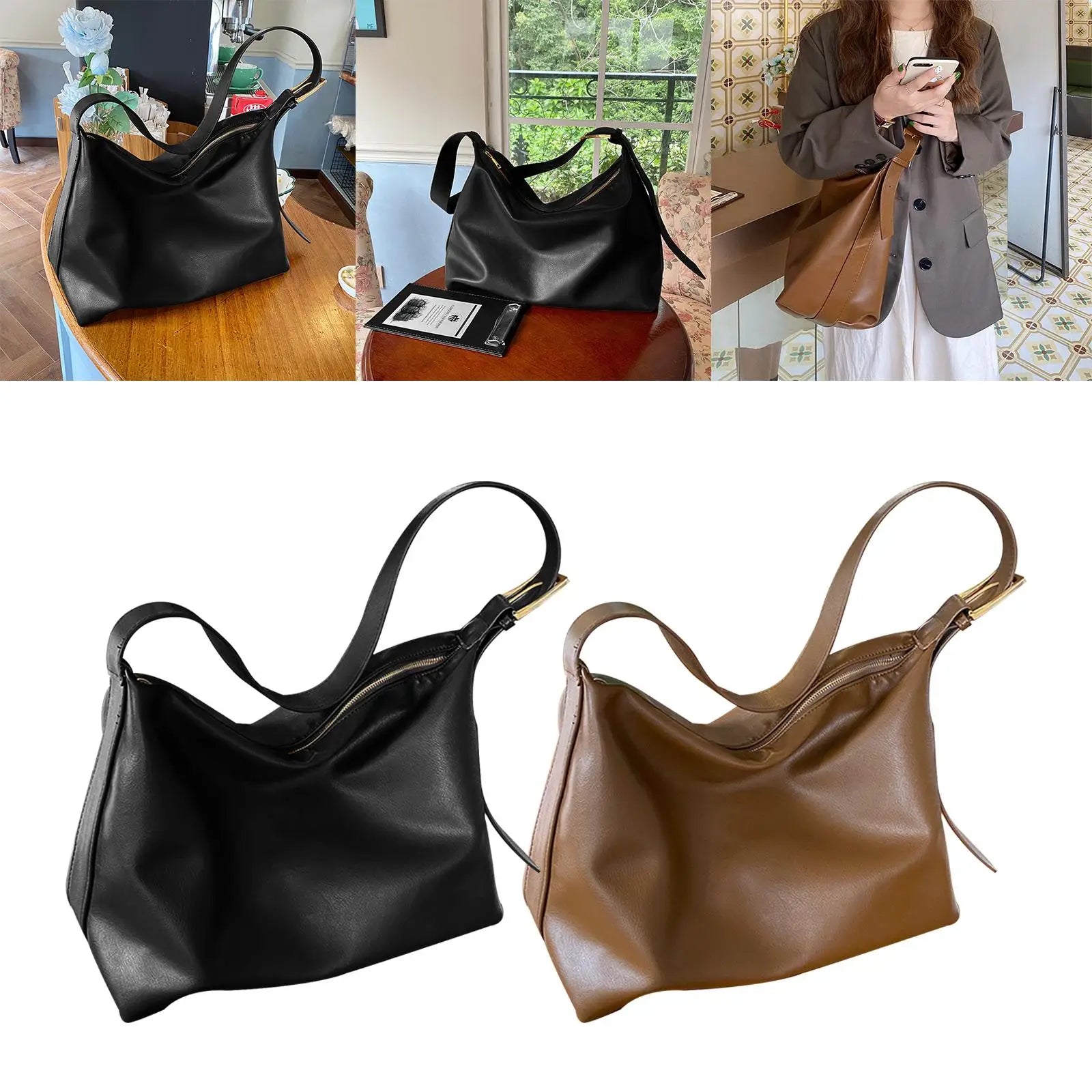 Soft Leather Hobo Purse with Pocket Bucket Bag Women Shoulder Bag Hand Bag