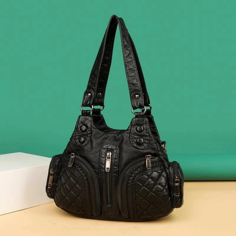 Vintage Soft Leather Shoulder Bag for Women Large Capacity Top-handle Bag
