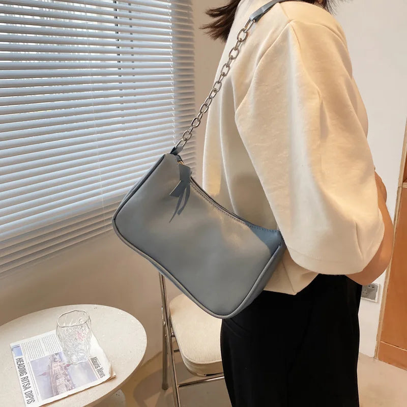 Soft PU Leather Women Purple Underarm Bag Retro Solid Ladies Handbags