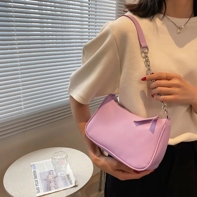 Soft PU Leather Women Purple Underarm Bag Retro Solid Ladies Handbags