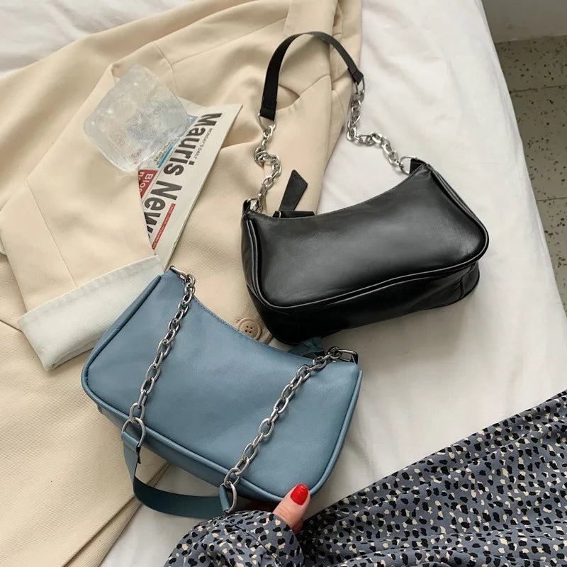 Soft PU Leather Women Purple Underarm Bag Retro Solid Ladies Handbags