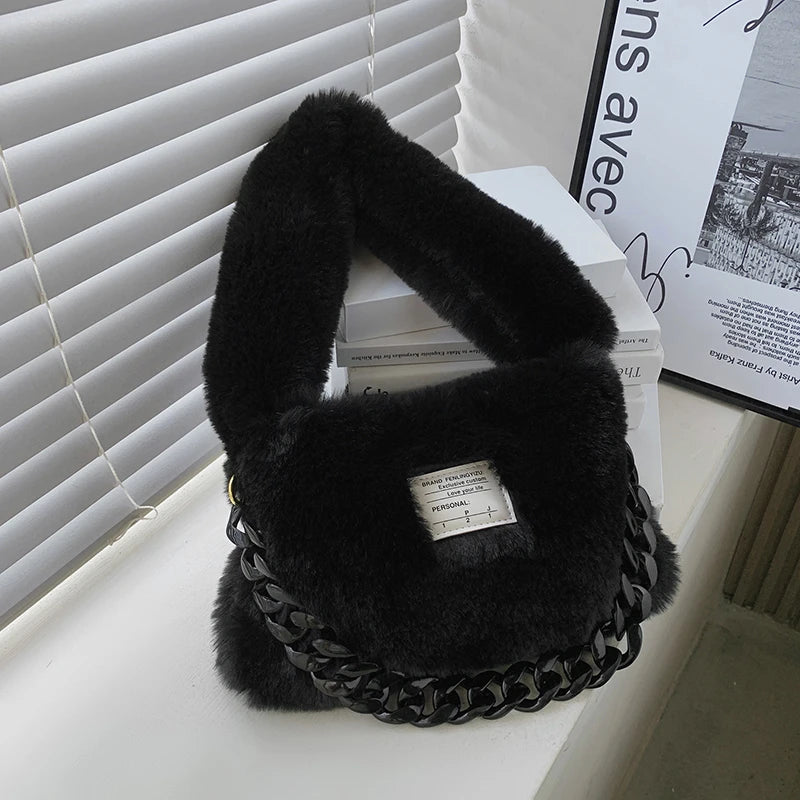 Fluffy Plush Shoulder Bag Winter Handbag Chain Faux Fur Hand Warmers