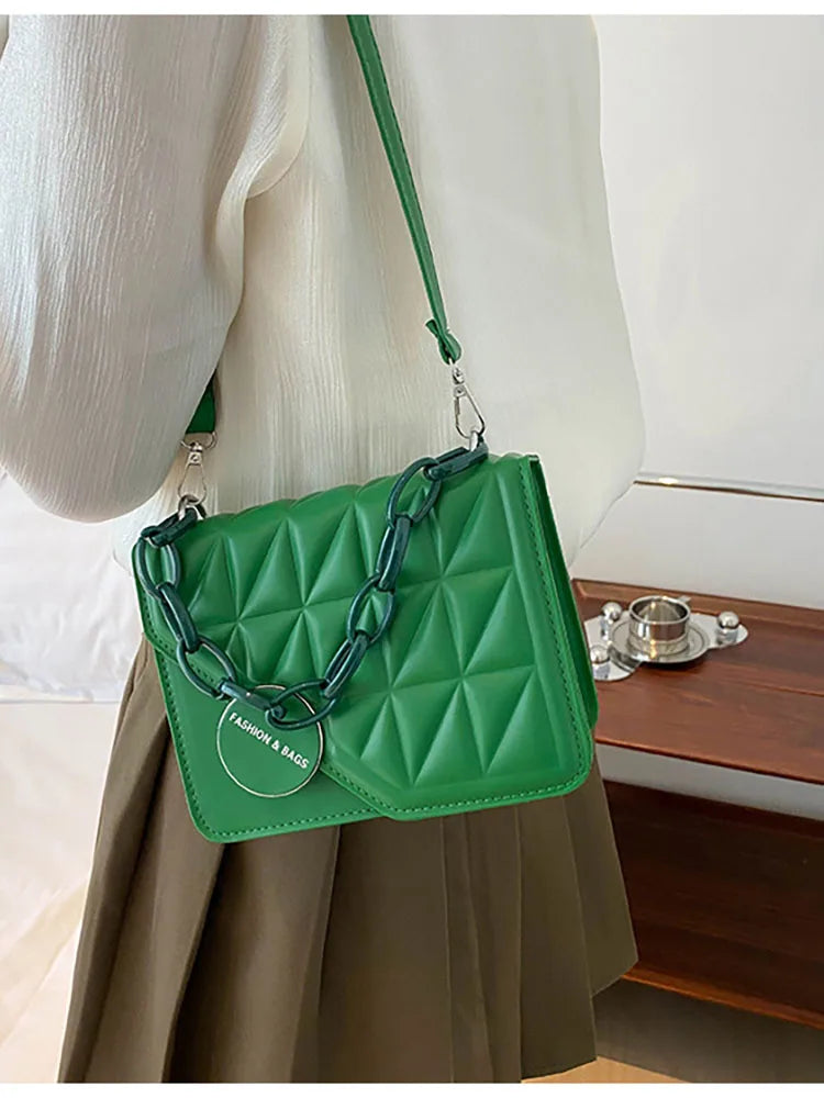 Solid Chain Wome's Shoulder Bag Pu Leather Lingge Ladies Crossbody Bags