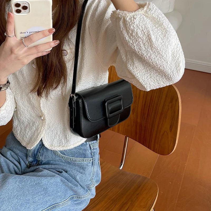 Solid PU Leather Small Shoulder Bag Vintage Underarm Women Handbag