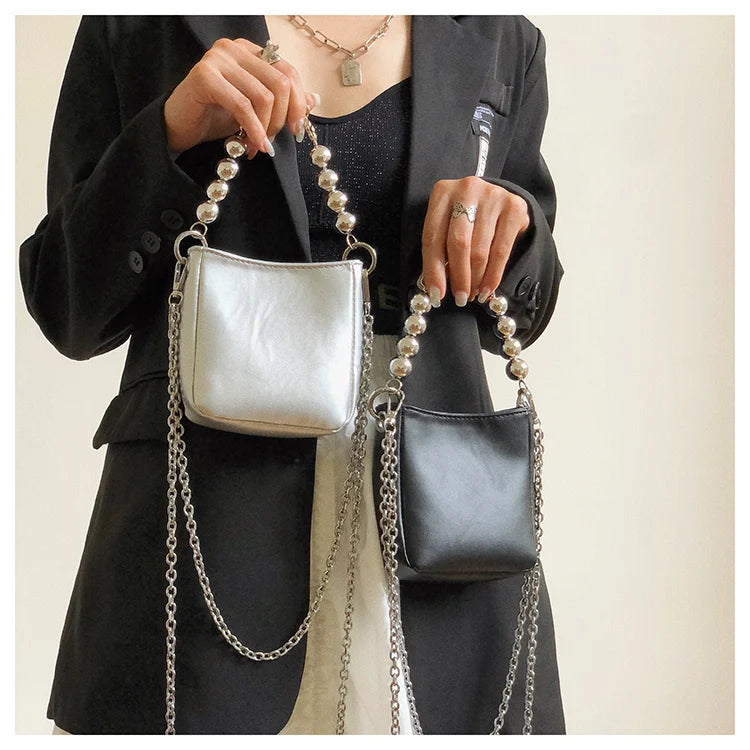 Mini Tote Bucket Bag PU Leather Women's Handbag Chain Shoulder Bag