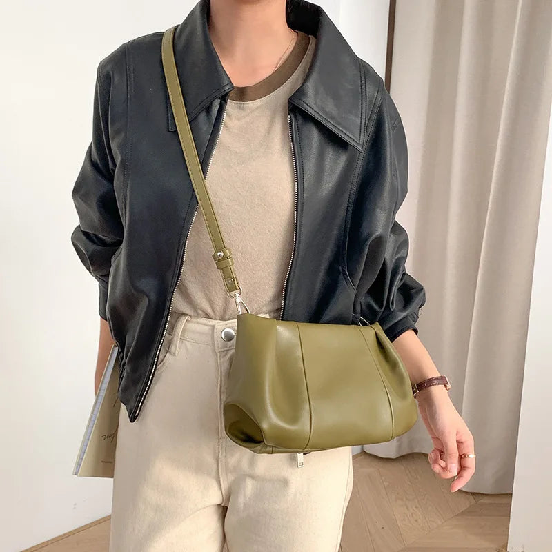 Pleated PU Leather Tote Bag for Women, Retro Crossbody Messenger Bag