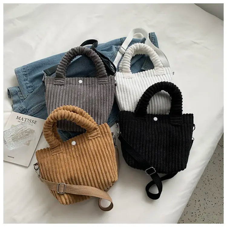 Solid Corduroy Shoulder Bag Small Tote Purse Handbags Retro Ladies Crossbody