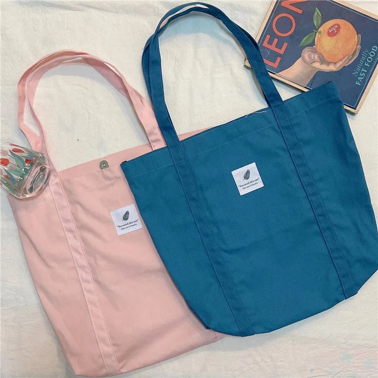 Solid Canvas Shoulder Bag Large Capacity Women Eco Shopping Retro Tote Handbags