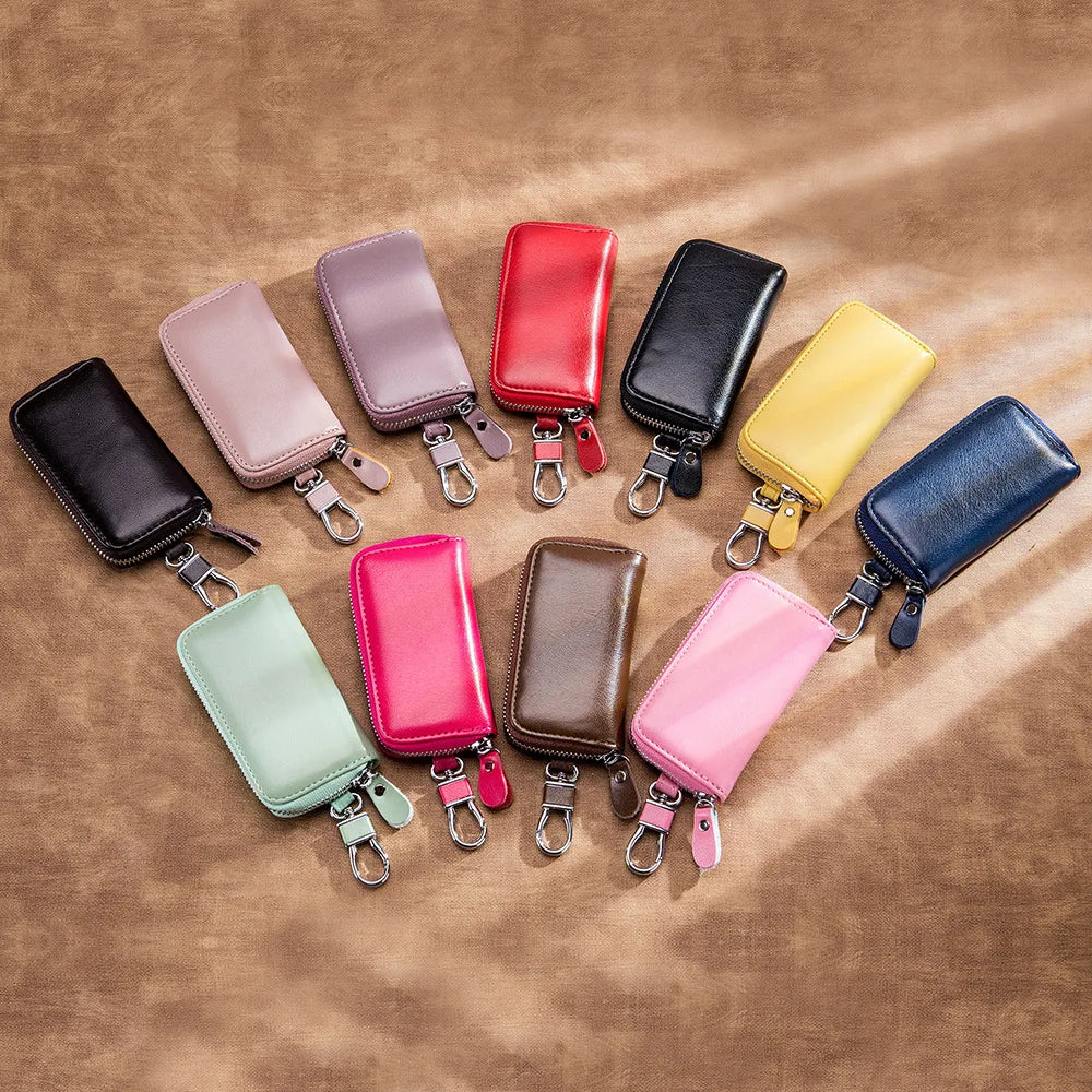 Solid Zipper Leather Key Bag Multi-function Key Case Unisex