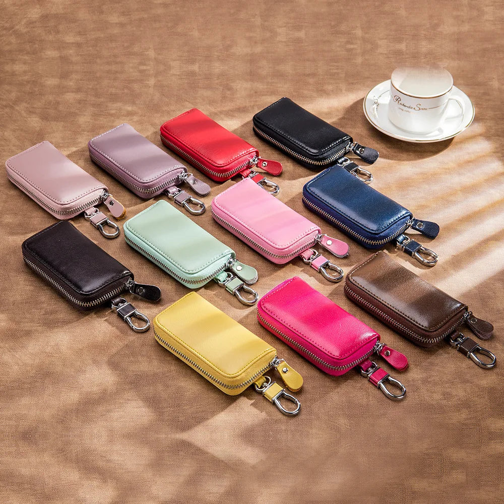 Solid Zipper Leather Key Bag Multi-function Key Case Unisex